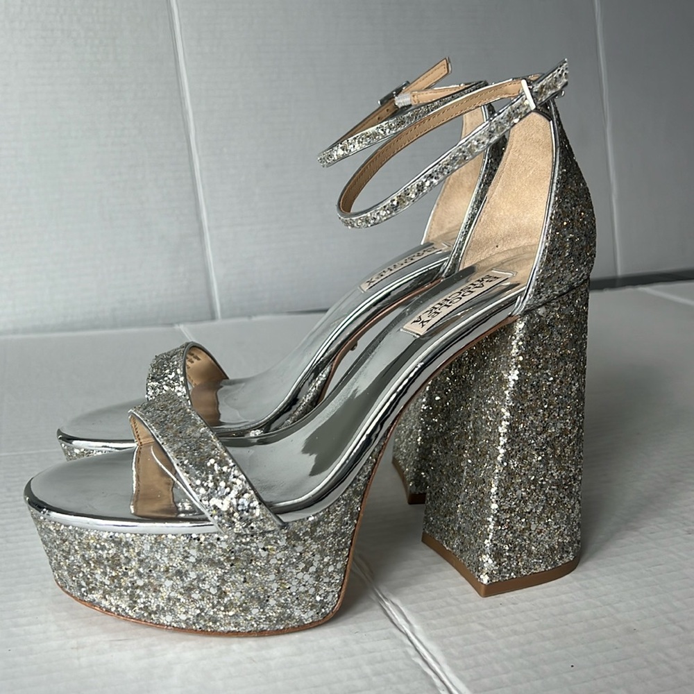Badgley Mischka Silver Glitter Platform Heels